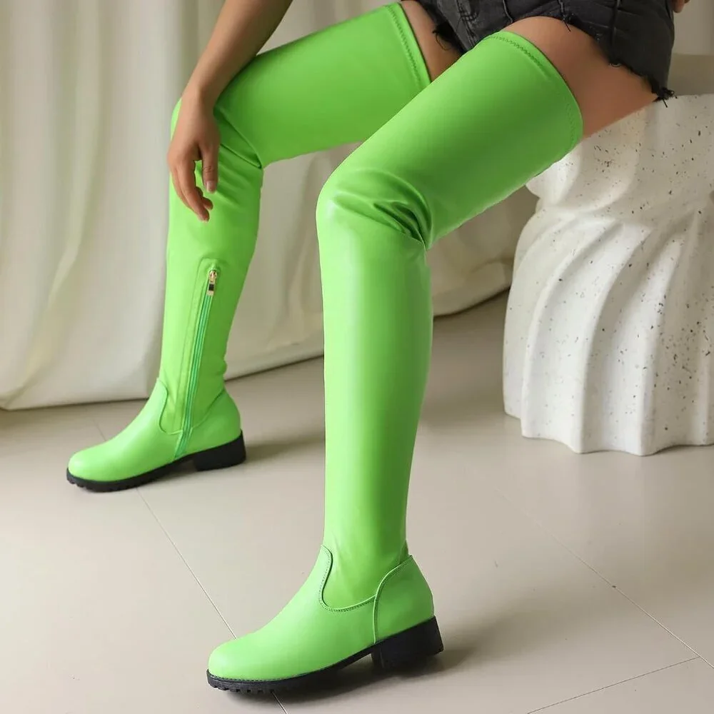 Women's Green Polyurethane Thigh High Over The Knee Rounded Toe Fashion Boots